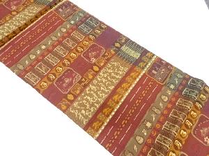 ふくれ織　いろは歌に古民家・野菜模様織り出し袋帯